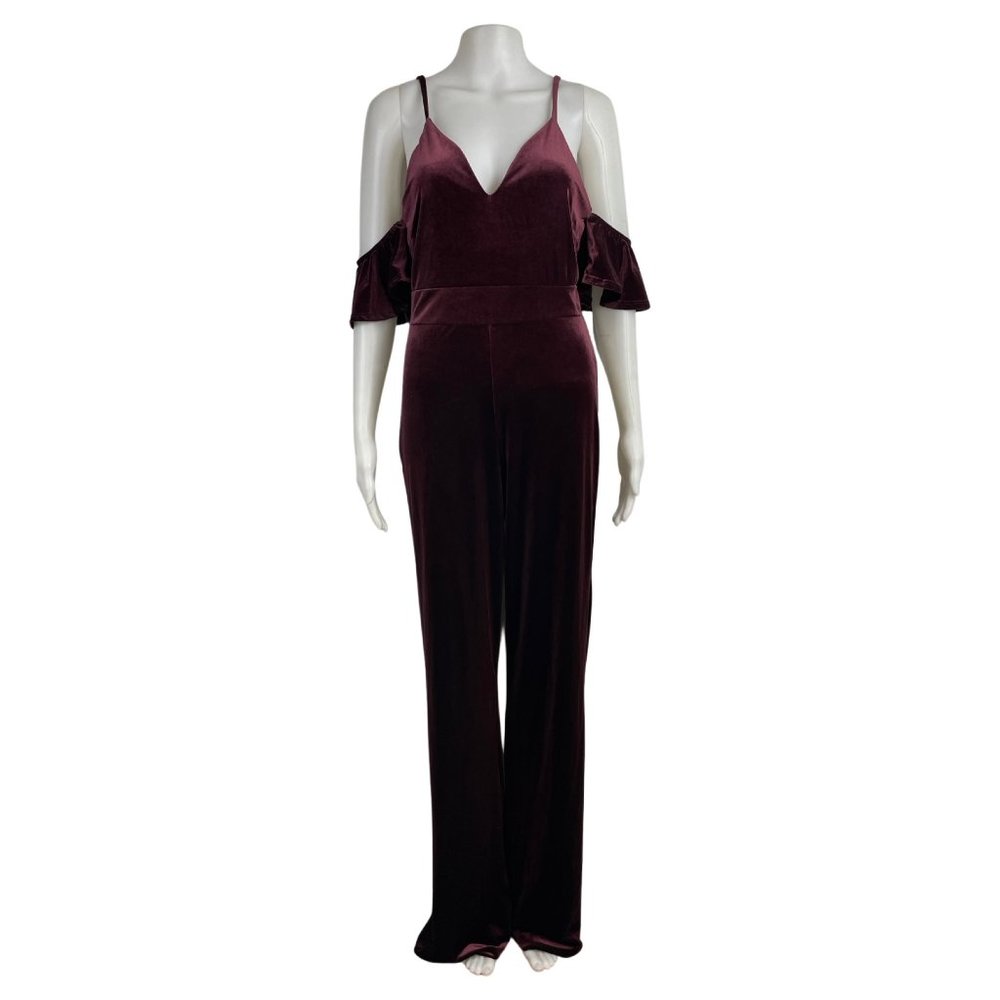 FASHION NOVA Jumpsuit Large Plum Velour Pants Off Shoulder Neck Holiday Party